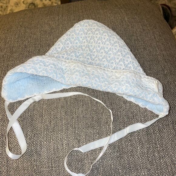 Knit Baby Bonnet With Ribbon Made in Great Britain Vintage Cottagecore Blue - Picture 4 of 5
